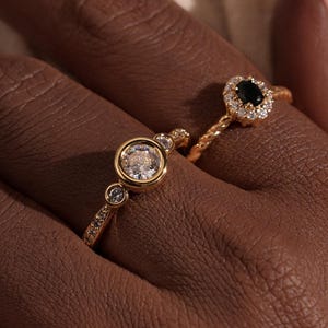 Vintage Style Gold Ring: Zirconia Accent, 14k Gold Plated Sterling Silver