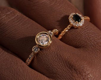 Vintage Style Gold Ring: Zirconia Accent, 14k Gold Plated Sterling Silver