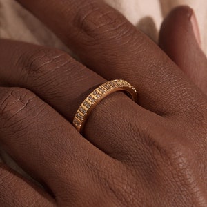 Gold Diamond Pave Set Ring, Thick Zirconia Bezel Cigar Band, Womens CZ Ring, Sterling Silver Ring, Minimalist Rings, Christmas Gift