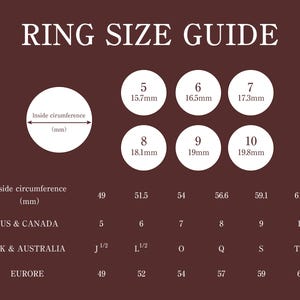 May include: Ring size guide with measurements in millimeters, US & Canada, UK & Australia, and EURORE sizes. The guide includes sizes 5 to 10, with corresponding inside circumferences and ring sizes for different regions. The text is in white on a brown background.