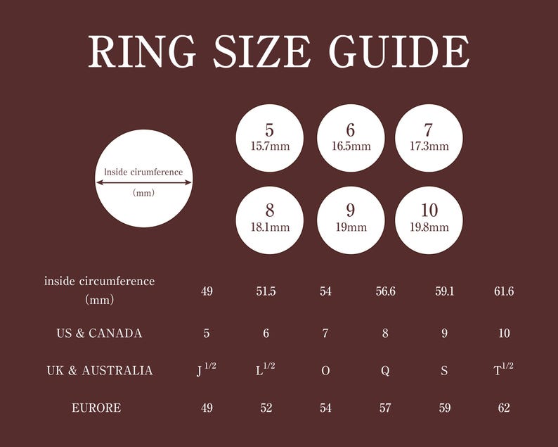 May include: Ring size guide with measurements in millimeters, US & Canada, UK & Australia, and EURORE sizes. The guide includes sizes 5 to 10, with corresponding inside circumferences and ring sizes for different regions. The text is in white on a brown background.
