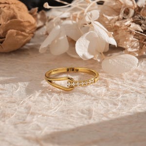 May include: A gold ring with a unique design, featuring a row of small, clear stones set into the band. The ring has a distinctive hook-like shape. The ring is set against a neutral background with dried flowers.