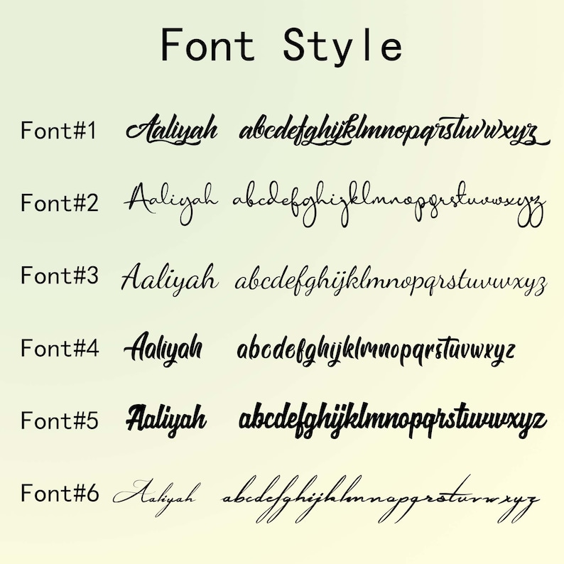 May include: A graphic showcasing six different font styles, each displaying the name "Aaliyah" and the full alphabet in lowercase. The fonts vary in style, from elegant cursive to bold, modern designs, all in black against a light background.