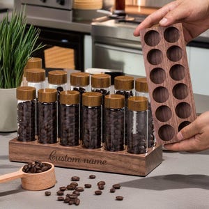 Personalization Single Dose Coffee Bean Storage Tubes - Borosilicate Glass Coffee Bean Cellar with Wooden Display Stand, Walnut Funnel