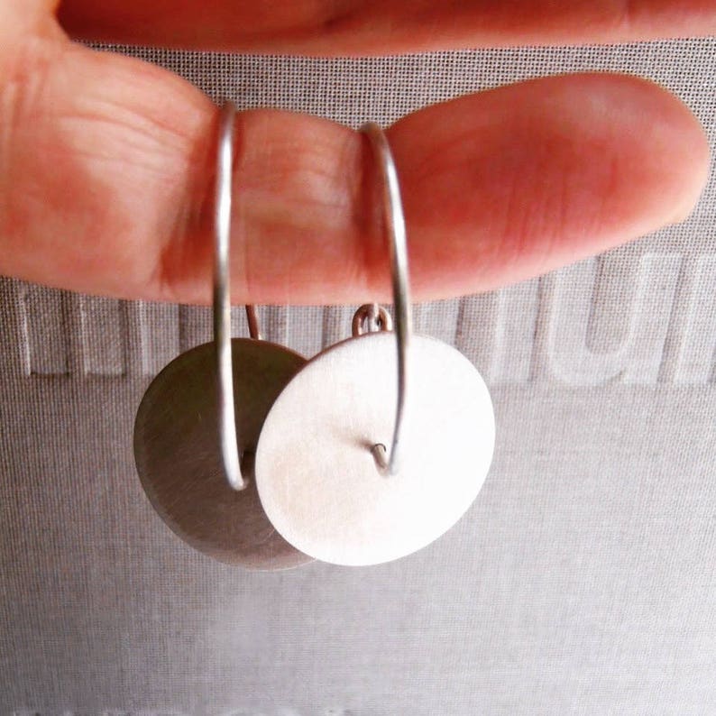 Minimalist Dangle Disc Hoop Earrings Modern Charm Circle Earrings in Recycled Sterling Contemporary Aesthetic Huggies Earrings image 5