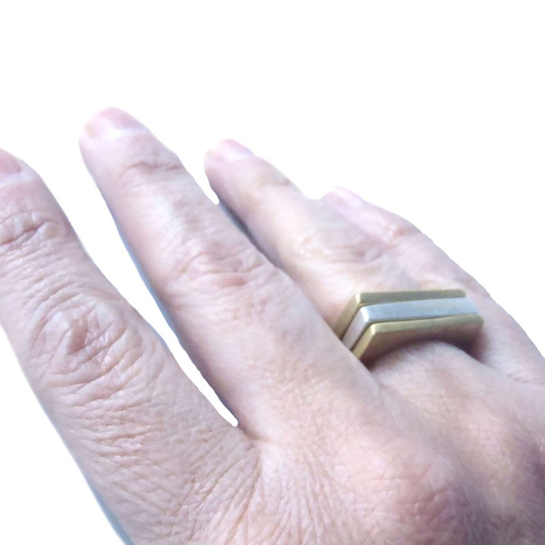 Rectangular stackable brass ring solid minimalist geometric golden design Cool Modern Jewelry Gift image 9
