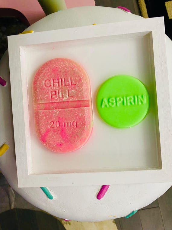 Whimsical Chill Pill & Aspirin Art Piece, Pop Art Wall Decor, Colorful Resin Art, Unique Home Decor, Modern Art, Candy Art, Office Art