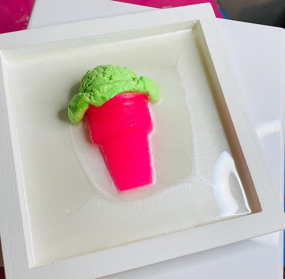 Popsicle Ice Cream Resin Art, Colorful Candy Lollipop Shadow Box, Unique Gemstone Gift, Sweet Treat Handmade Art, Neon Pink Green Ice Cream