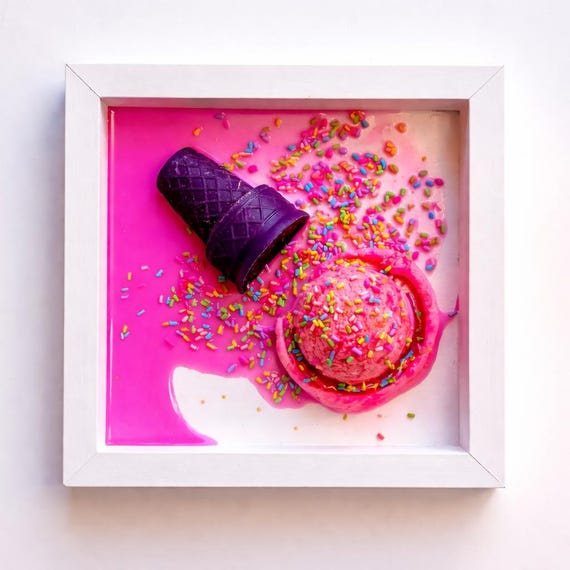 Neon Pink Melted Ice Cream Art, 9x9 Resin Wall Art, Lush Melt Collection, Sculptural Dessert Pop Art, Modern Statement Decor