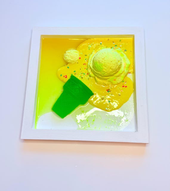 Neon Yellow Melted Ice Cream Art, 9x9 Resin Wall Art, Lush Melt Collection, Bright Pop Art Dessert, Modern Statement Piece