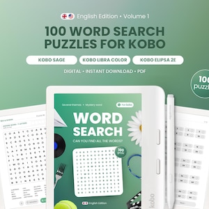 Peut inclure: Un livre numérique de mots mêlés pour liseuses Kobo, contenant 100 puzzles. La couverture affiche le texte 100 WORD SEARCH PUZZLES FOR KOBO, Kobo Sage, Kobo Libra Color, Kobo Elipsa 2E et 100 puzzles. Inclut un stylet et des pages de jeux.