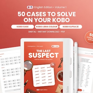 May include: A digital mystery game titled The Last Suspect for Kobo e-readers. The screen displays a list of names with Hazel circled, a magnifying glass, a fountain pen, a key, a cup of tea, and an envelope on a red background.