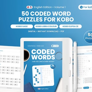 Peut inclure: Un produit numérique comprenant 50 puzzles de mots codés pour liseuses Kobo. L'écran affiche une page de couverture intitulée Coded Words, Can You Crack Every Word?, une table des matières numérotée et une page de puzzle avec grille.