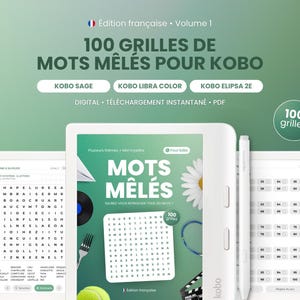 Puede incluir: Un libro digital de sopas de letras para lectores electrónicos Kobo titulado 100 GRILLES DE MOTS MÊLÉS POUR KOBO. La portada muestra una cuadrícula de letras, una pelota de tenis, un tenedor y una margarita. Incluye un lápiz óptico blanco.