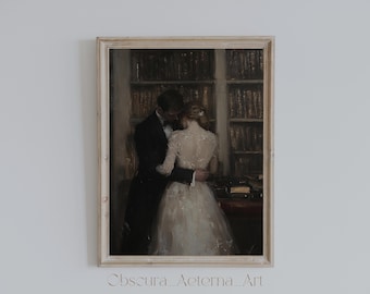 May include: A painting of a couple embracing in a library setting. The man is wearing a black suit and the woman is wearing a white gown. The couple is standing in front of a bookshelf filled with books.