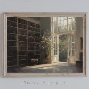 May include: A painting of a sunlit room with a large bookshelf filled with books, a doorway leading to a garden, and a single chair in the foreground. The painting is framed in a light wood frame.