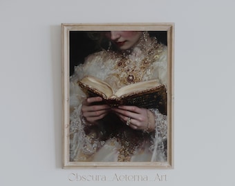 May include: A woman in a white lace dress with gold embellishments holds an open book with a dark brown cover. The book is decorated with gold accents and the woman's hands are adorned with rings.