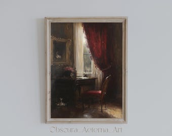 May include: A painting depicting a room with a window, a desk, and a chair. The window is open and the curtains are drawn back. The desk is made of dark wood and has a chair with a red cushion. The room is painted in warm tones.