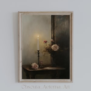 Dark Academia Candlelight Still Life Art Print: Vintage Floral Home Decor (Digital Download)