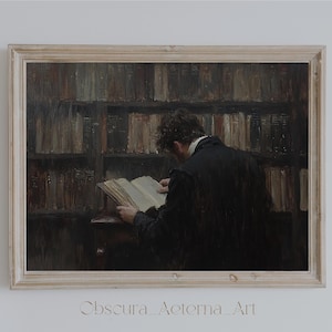 Puede incluir: Una pintura de una persona sentada en una biblioteca, leyendo un libro. La persona lleva un traje oscuro y tiene la espalda hacia el espectador. La biblioteca está llena de estanterías, y las paredes son de un color marrón oscuro.