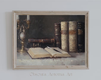 May include: A still life painting depicting a book, a quill pen, and a candlestick on a table. The books are bound in leather and have gold lettering on their spines. The candlestick is made of brass and features a single candle.