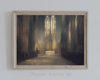 Etherische Kathedrale Interior | Dark Academia druckbare, gotische Architektur digitale Kunst, stimmungsvolle Innendekoration