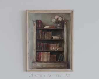 Dark Academia Bookshelf Print: Vintage Floral Book Art (Digital Download)
