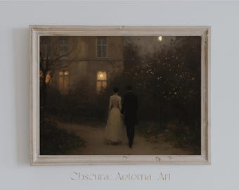 Moonlit Stroll | Dark Academia Print, Romantic Night Scene Art, Victorian Printable, Moody Aesthetic Decoration, Couple's Art