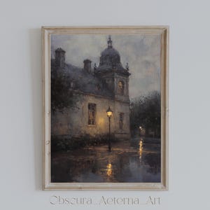 Moody Twilight | Dark Academia Printable, Vintage Street Lamp Wall Art, Gothic Home Decor, Historic Building Art Print