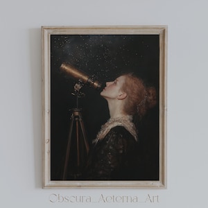 Stargazer&#39;s Dream | Dark Academia Art Print, Antique Astronomy Art, Vintage Telescope Printable, Night Sky Wall Decor