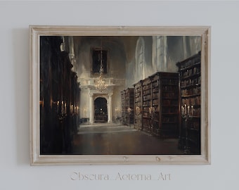 May include: A painting depicting a grand library with tall bookshelves filled with books. The room is dimly lit, with a large chandelier hanging from the ceiling. The painting is framed in a light wood frame.