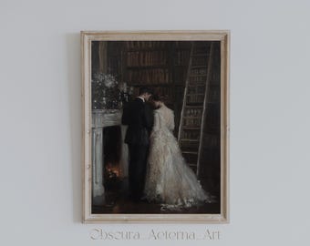 Dark Academia Library Print, Gothic Romance Wall Art, Victorian Couple Printable, Book Lover Decor, Digital Download