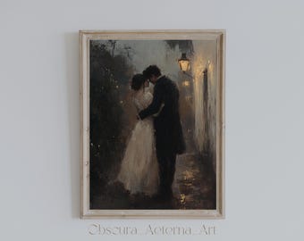May include: A painting of a couple embracing under a streetlight. The man is wearing a dark suit and the woman is wearing a white dress. The background is a dimly lit street scene.