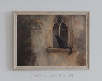 Gothic Black Cat Art Print: Haunted House, Witchy Decor (Digital Download)