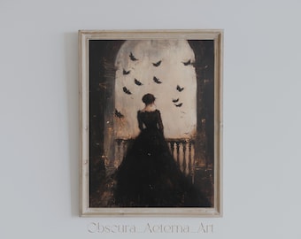 Dark Academia Art Print: Gothic Woman, Bats (Digital Download)