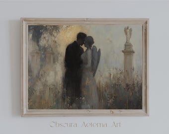 Enchanted Twilight | Dark Academia Print, Romantic Gothic Couple, Angelic Love Artwork, Moody Antique Decor