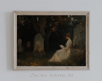Dark Academia Art Print: Gothic Graveyard Woman Reading (Digital Download)