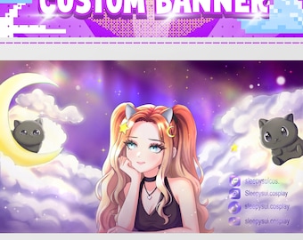 May include: A custom banner design with a purple and white color scheme. The banner features a cartoon illustration of a woman with blonde hair, cat ears, and a star and moon hair accessory. The banner also includes two gray cats, a crescent moon, and the text "CUSTOM BANNER".