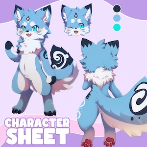 以下が含まれることがあります： 大きな目とふわふわの尻尾を持つ、青と白の漫画のキツネのキャラクターシート。キツネは複数の角度から表示され、下部に「CHARACTER SHEET」というテキストがあります。