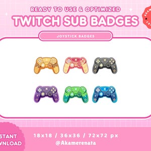 Op de afbeelding: Zes verschillende gekleurde Twitch-abonnement badges met een videogamecontroller. De badges zijn in de volgende kleuren: oranje, rood, zwart, paars, groen en blauw. De tekst "READY TO USE & OPTIMIZED TWITCH SUB BADGES" staat bovenaan de afbeelding. De tekst "JOYSTICK BADGES" staat onder de badges. De tekst "INSTANT DOWNLOAD 18x18 / 36x36 / 72x72 px @Akamerenata" staat onderaan de afbeelding.