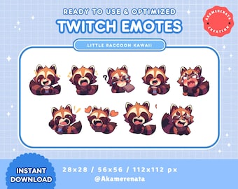 Kawaii Raccoon Emotes | 9x Twitch, Discord Stickers (PNG, Instant Download)