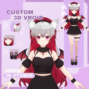 May include: A digital illustration of a 3D Vroid character with a bat-themed design. The character has white hair with red highlights, wearing a black outfit with bat wings and a choker. The image includes the text "CUSTOM 3D VROID" and "VROID 3D VTUBER".