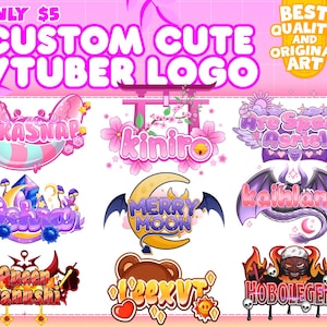 Op de afbeelding: Een verzameling van negen aangepaste grafische logo's voor VTubers met diverse kleurrijke ontwerpen, inclusief tekst zoals Pikasnap, kiniro, Are Spark Asriel, Oshia, MERRY MOON, kaihland, Queen Yanushi, leexvt en HOBOLEGEND met decoratieve elementen.