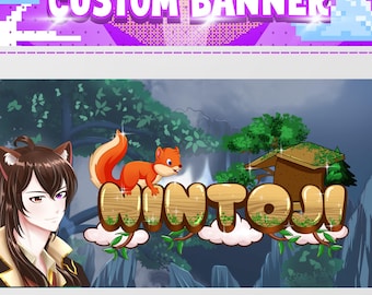 May include: A digital banner with the text "CUSTOM BANNER" in white and purple. The banner features an anime-style character with fox ears, a cartoon squirrel, and the word "WINTOJI" in a wooden font, set against a forest backdrop.