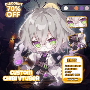 Pode incluir: Ilustração de um VTuber chibi personalizado com tema de Halloween. A personagem tem cabelo cinza, olhos verdes e roxos e usa um jaleco de laboratório. A imagem inclui o texto "Discount 70% Off" e "Free" com detalhes sobre a oferta.