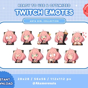 Könnte beinhalten: Ein Satz von acht animierten Twitch-Emojis mit einem pinkhaarigen Mädchen mit verschiedenen Gesichtsausdrücken. Die Emojis sind in verschiedenen Größen, darunter 28x28, 56x56 und 112x112 Pixel. Der Text "READY TO USE & OPTIMIZED TWITCH EMOTES ANYA GIRL COLLECTION" befindet sich oben im Bild. Der Text "INSTANT DOWNLOAD" befindet sich unten links im Bild. Der Text "28x28 / 56x56 / 112x112 px @Akamerenata" befindet sich unten in der Mitte des Bildes.