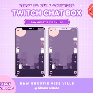 Könnte beinhalten: Ein violettes und weißes Twitch-Chatbox-Overlay mit einem Geisterstadt-Thema. Das Overlay zeigt eine Stadtlandschaft mit Geistern, einem Mond und Herzen. Der Text "B&W GHOSTIE VIBE VILLE" wird auf dem Overlay angezeigt. Der Text "READY TO USE & OPTIMIZED" und "TWITCH CHAT BOX" wird oben im Bild angezeigt. Der Text "INSTANT DOWNLOAD" wird unten links im Bild angezeigt. Der Text "AKAMERENATA CREATION" wird in einem Kreis oben rechts im Bild angezeigt.