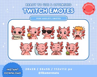 Pink Axolotl Twitch Emotes | Kawaii Streamer Emote Pack (Instant Download)