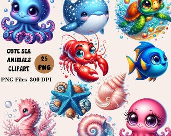 25 söta havsdjur Clipart, havsdjur Clipart, Under the Sean Clipart Bundle, havsdjur Clipart