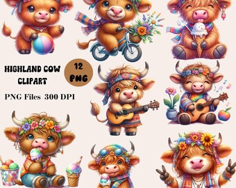 12 lustige Highland Kuh Clipart, Highland Kuh PNG Bundle, Baby Highland Kuh Clipart, Kindergarten Kuh Clipart